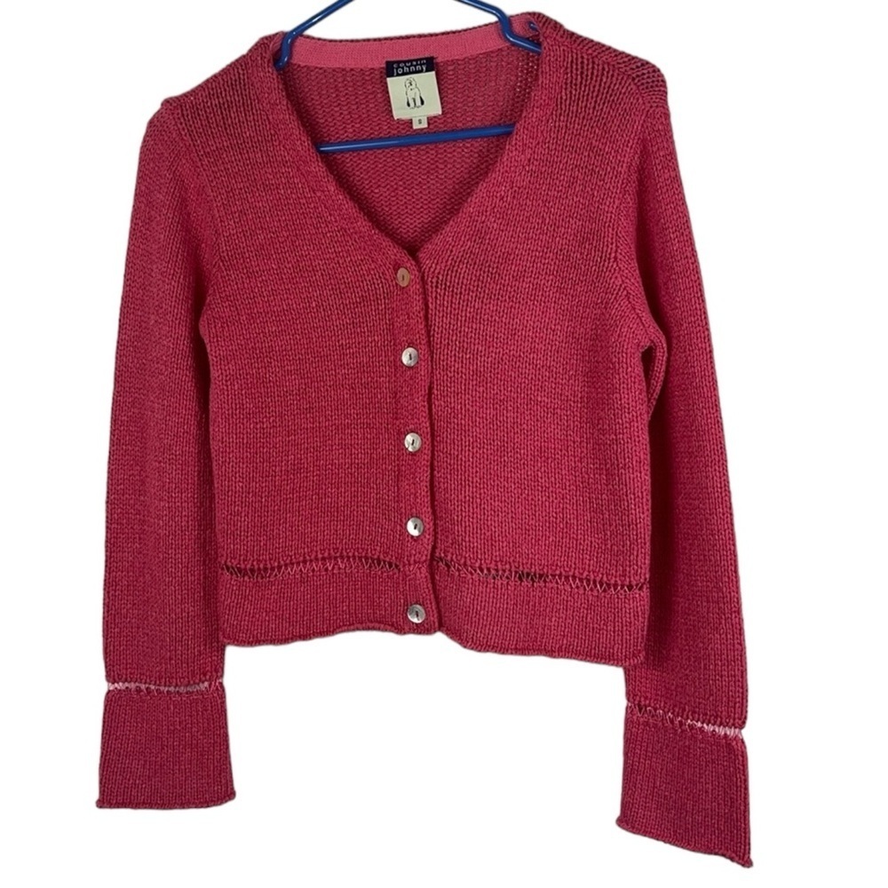 Cousin Johnny cropped button down knit cardigan Sz S hot pink